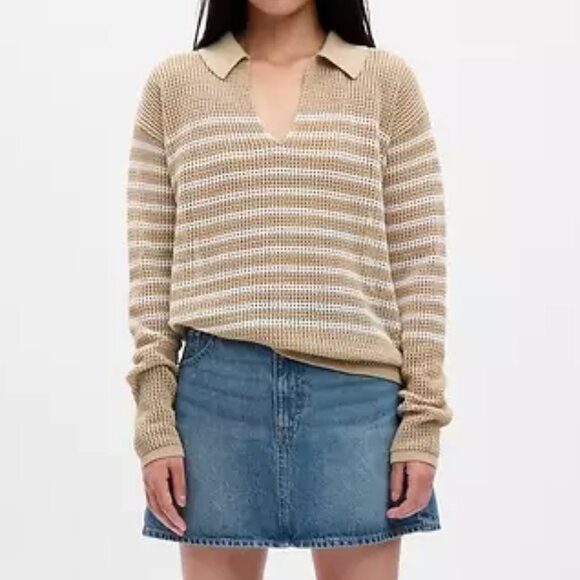 GAP Factory Sweaters - GAP White/Neutral Stripe Relaxed Crochet Collared Sweater/NWT/M